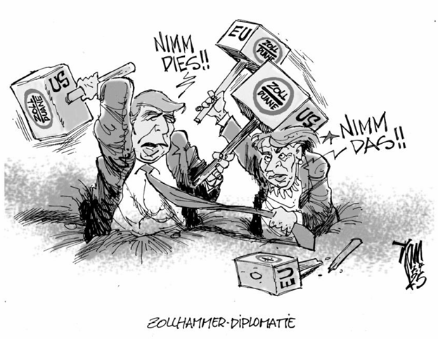 Karikatur von Trump und Merkel mit „EU“- und „US“-Blöcken, die gegeneinander ziehen.